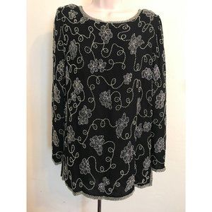 Women's Black Sequin Beaded Blouse Top Tunic